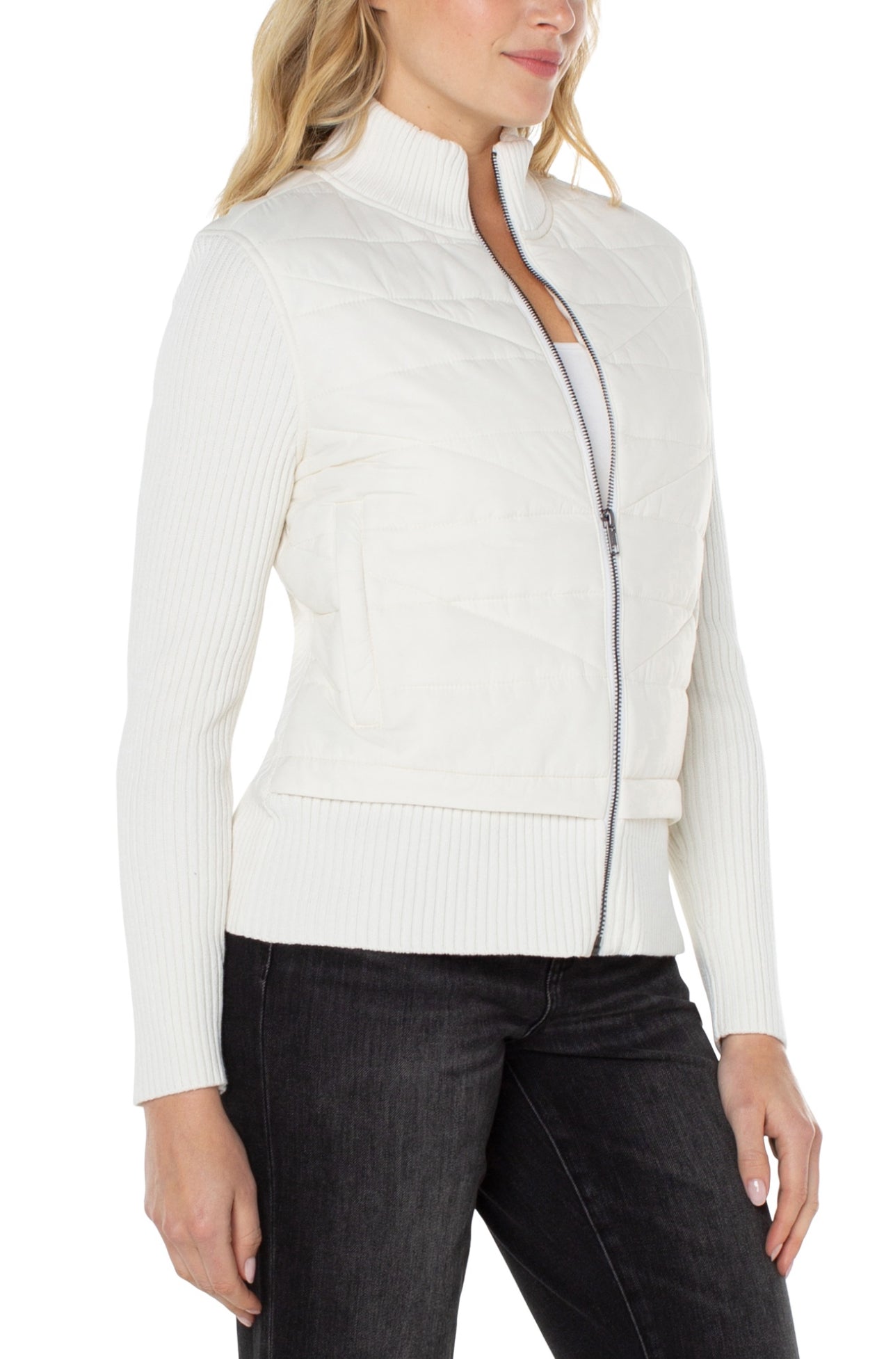 QUILTED FRONT FULL ZIP SWEATER