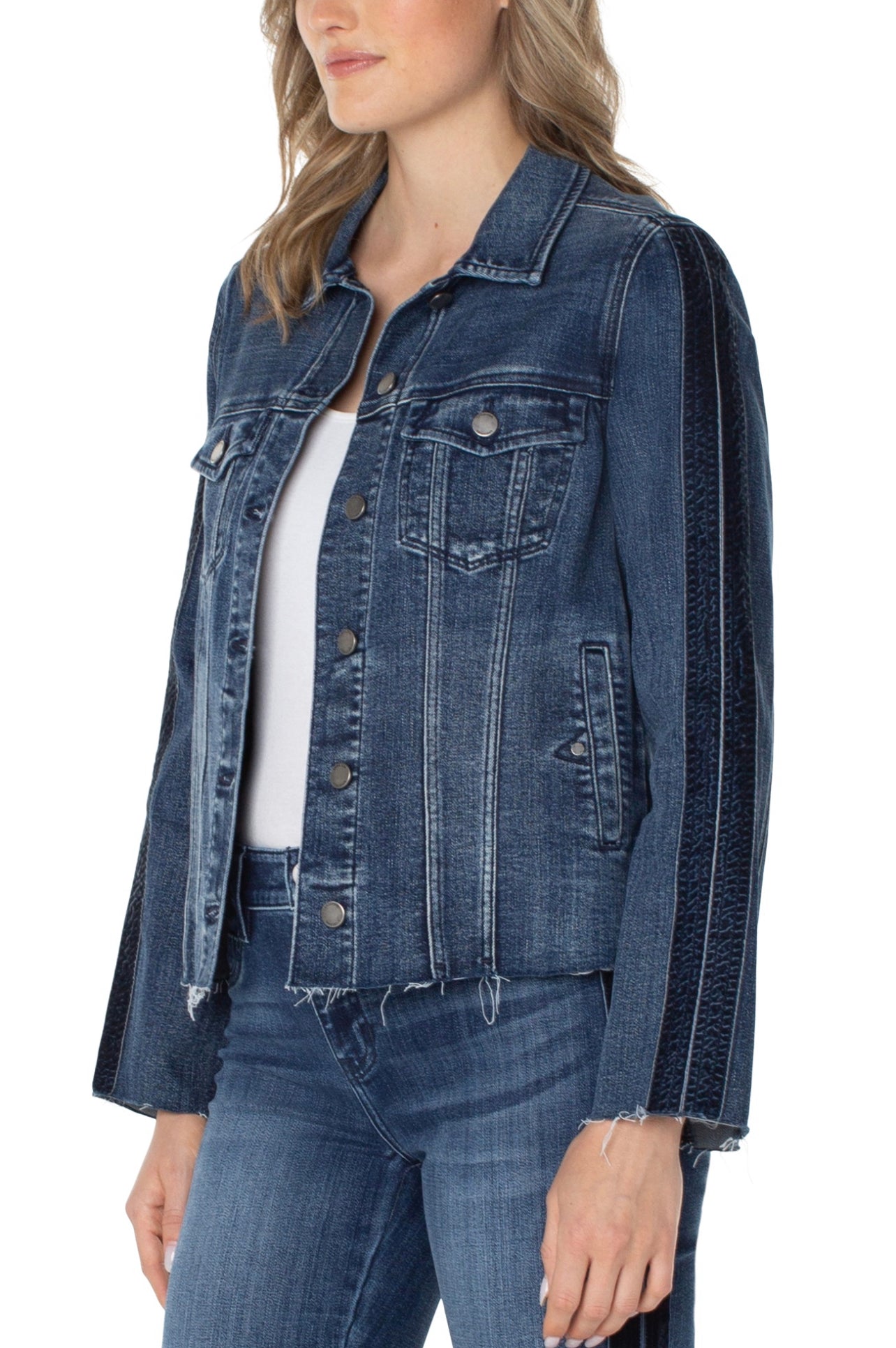 FRAYED JEAN JKT WITH VELVET STRIPING