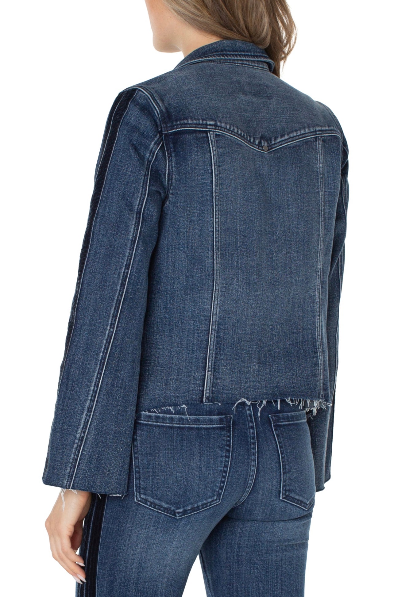 FRAYED JEAN JKT WITH VELVET STRIPING