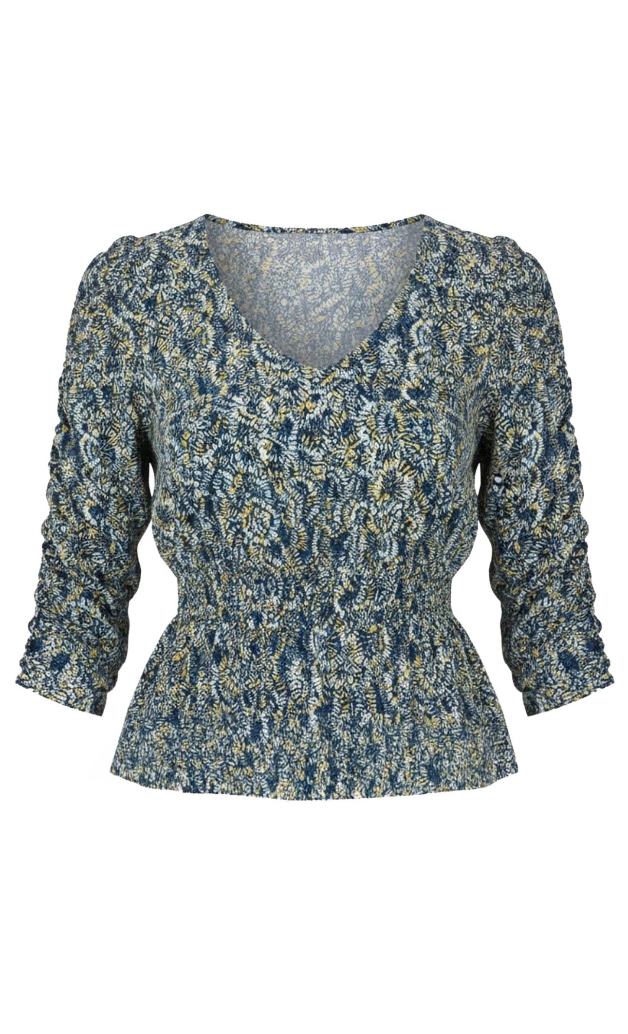 Three-quarter sleeve rouged sleeve V-neck knit top