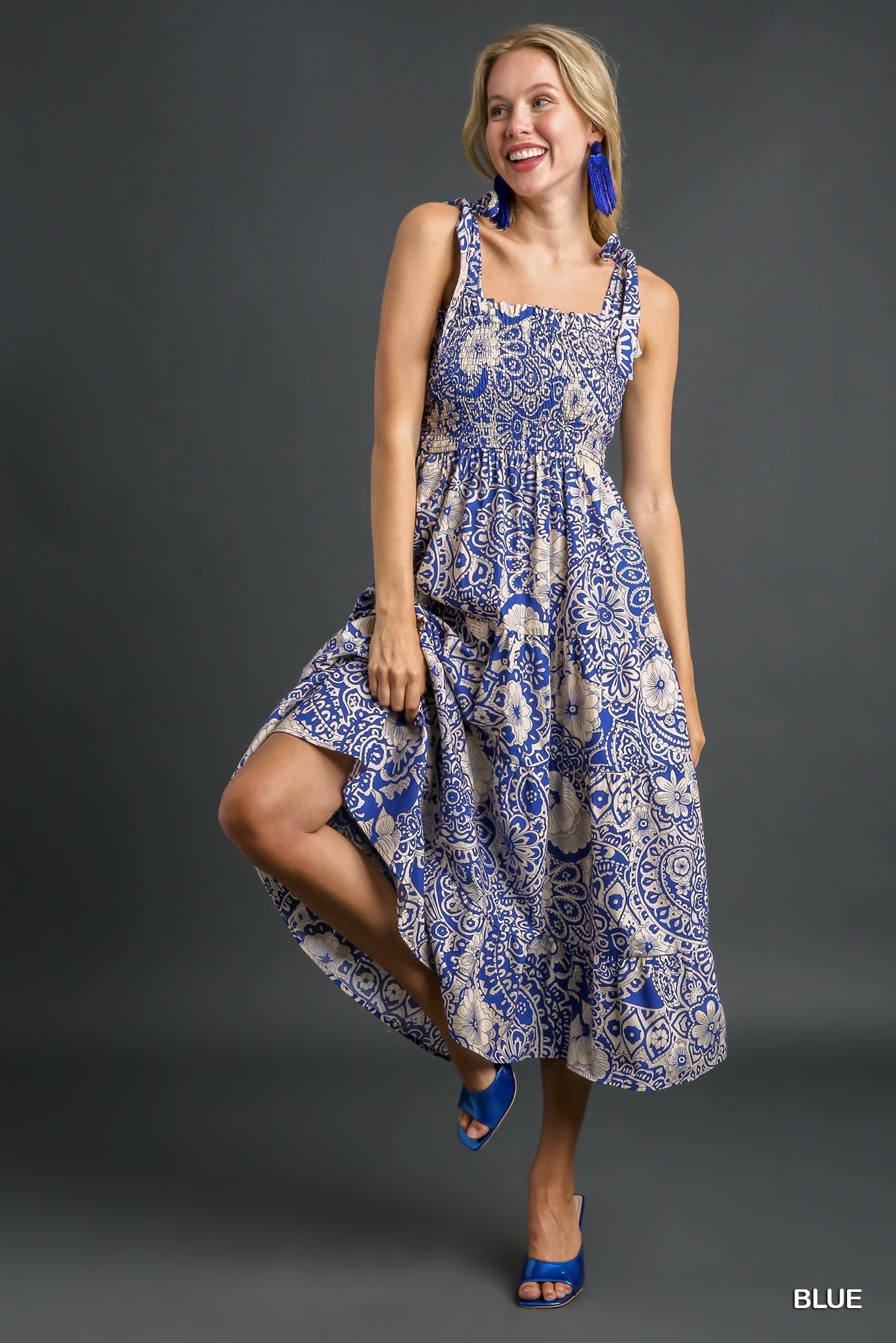 Mixed Print Smocked Maxi Dress with Adjustable Sleeve Bow Tie