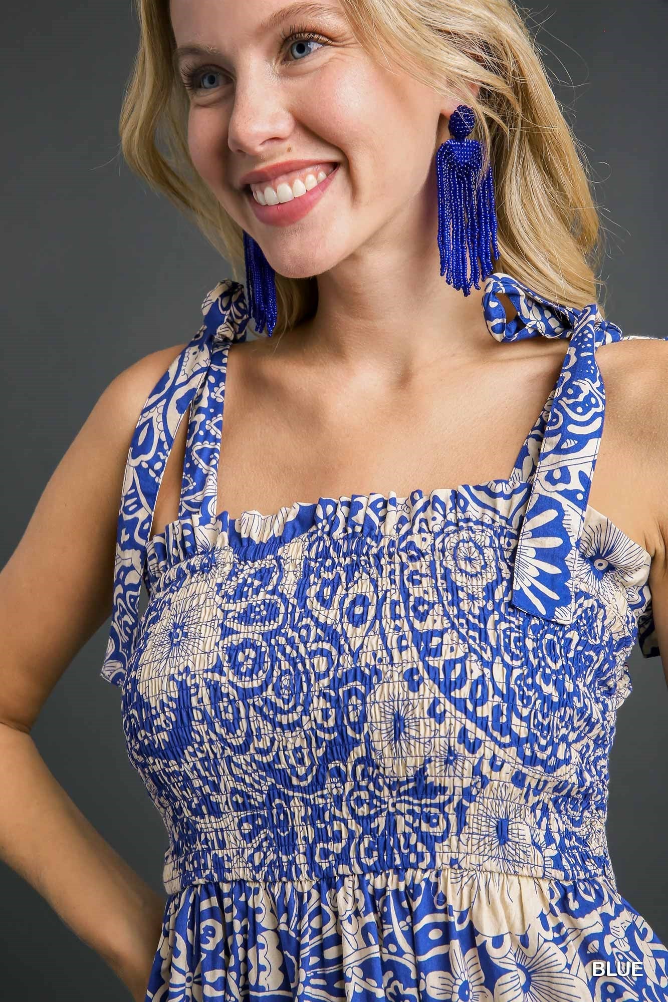 Mixed Print Smocked Maxi Dress with Adjustable Sleeve Bow Tie