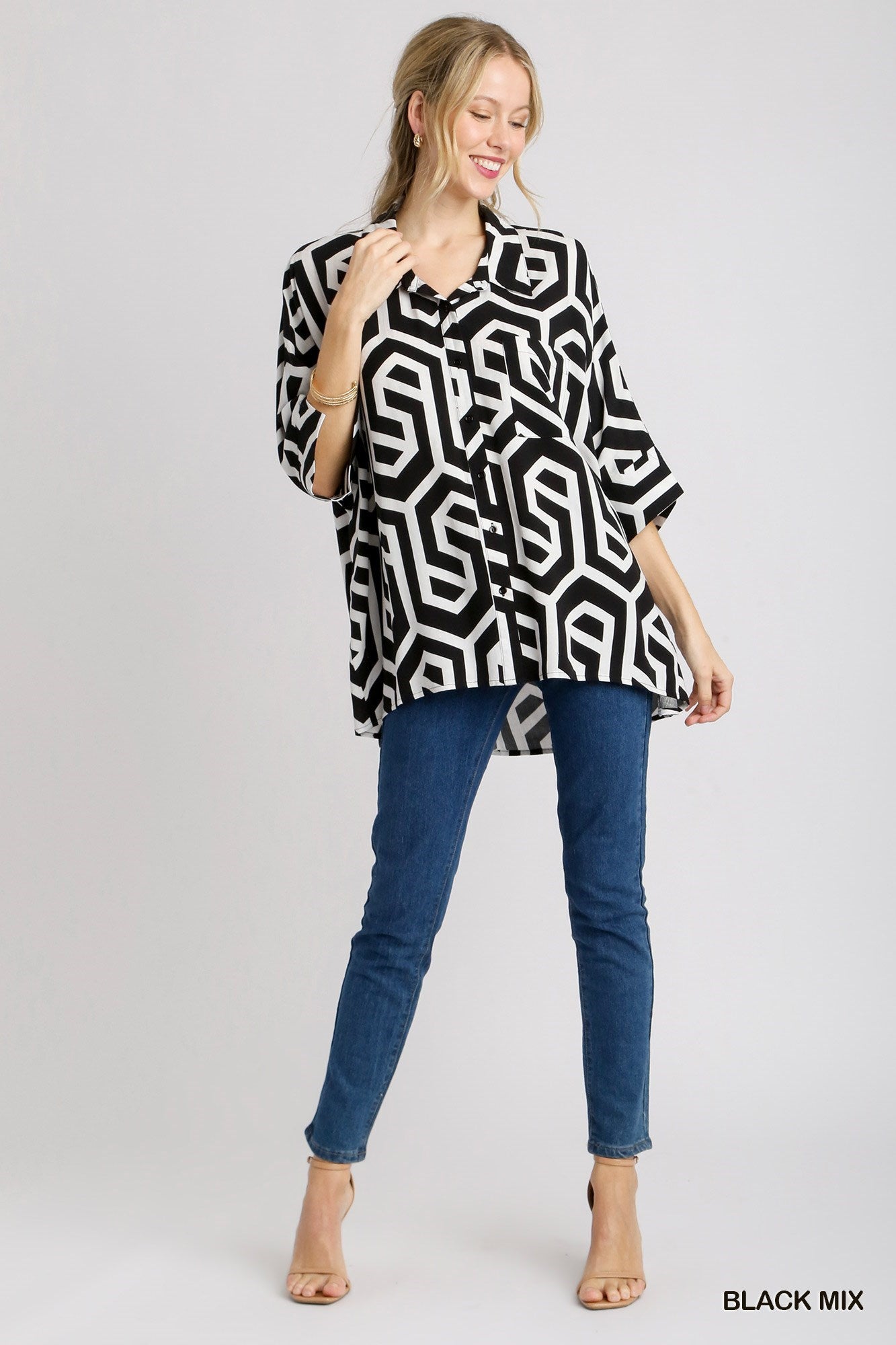 Two Tone Geometric Print High Low Top