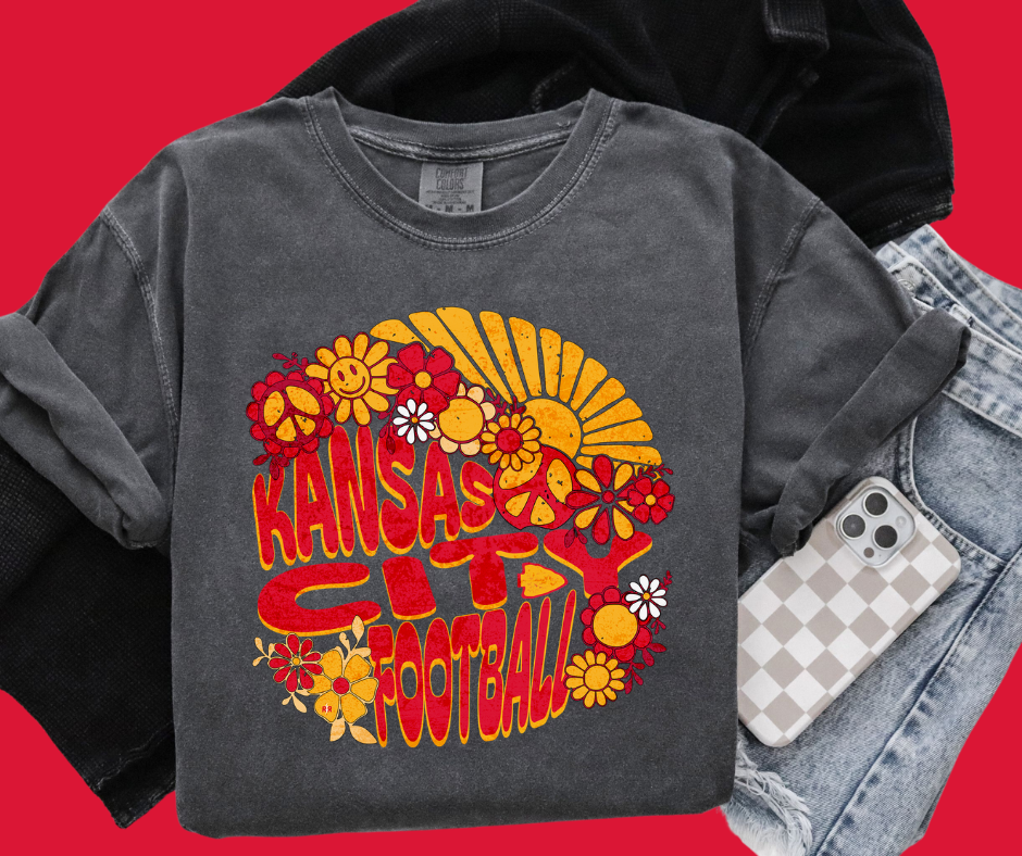 Kansas City Football Retro Sun Happy Face Flowers Pepper Tee
