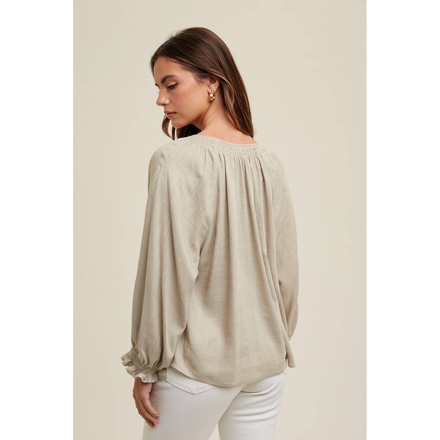 DROP SHOULDER BLOUSE WITH SMOCKED CUFF DETAIL