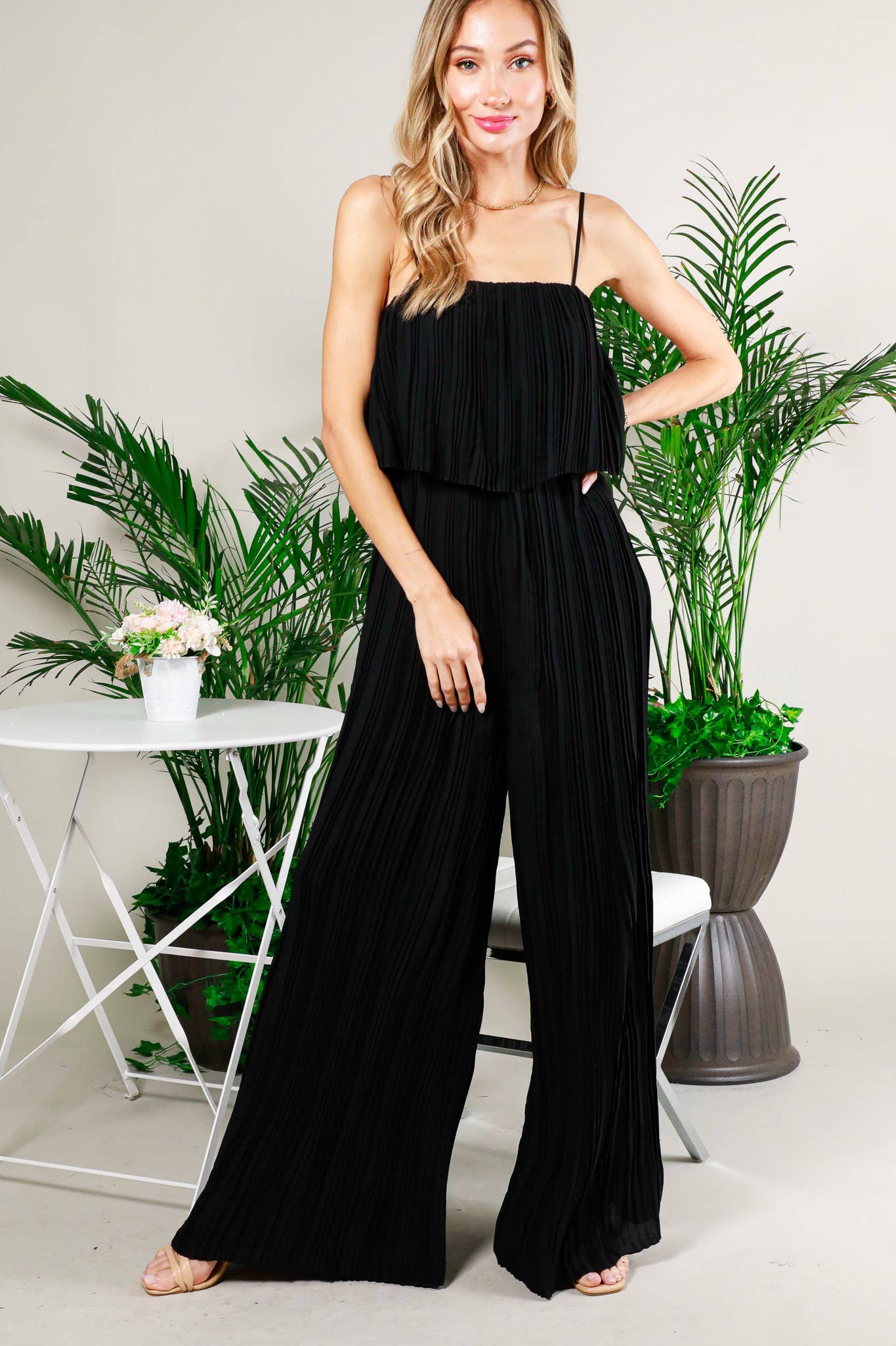 Pleated Jumpsuit Wide-Leg Wavy Hem