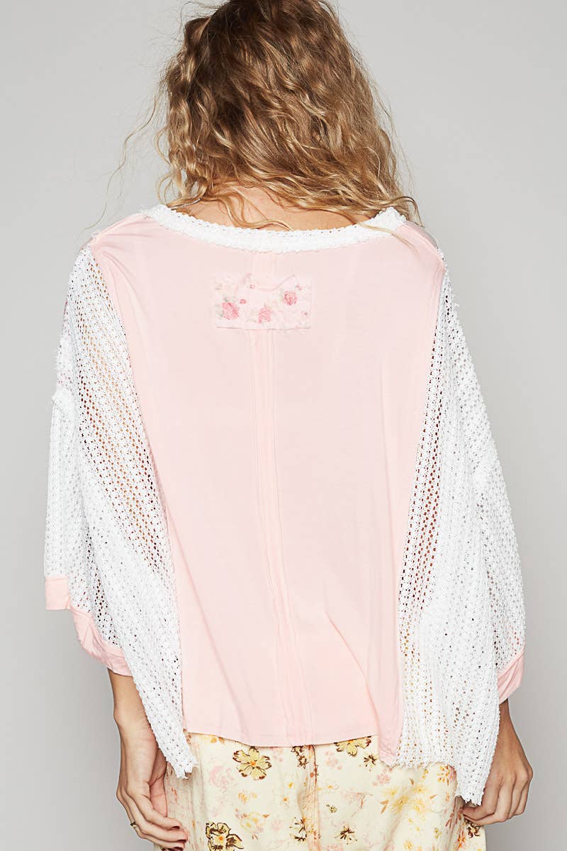 Quarter sleeve floral print crochet knit top