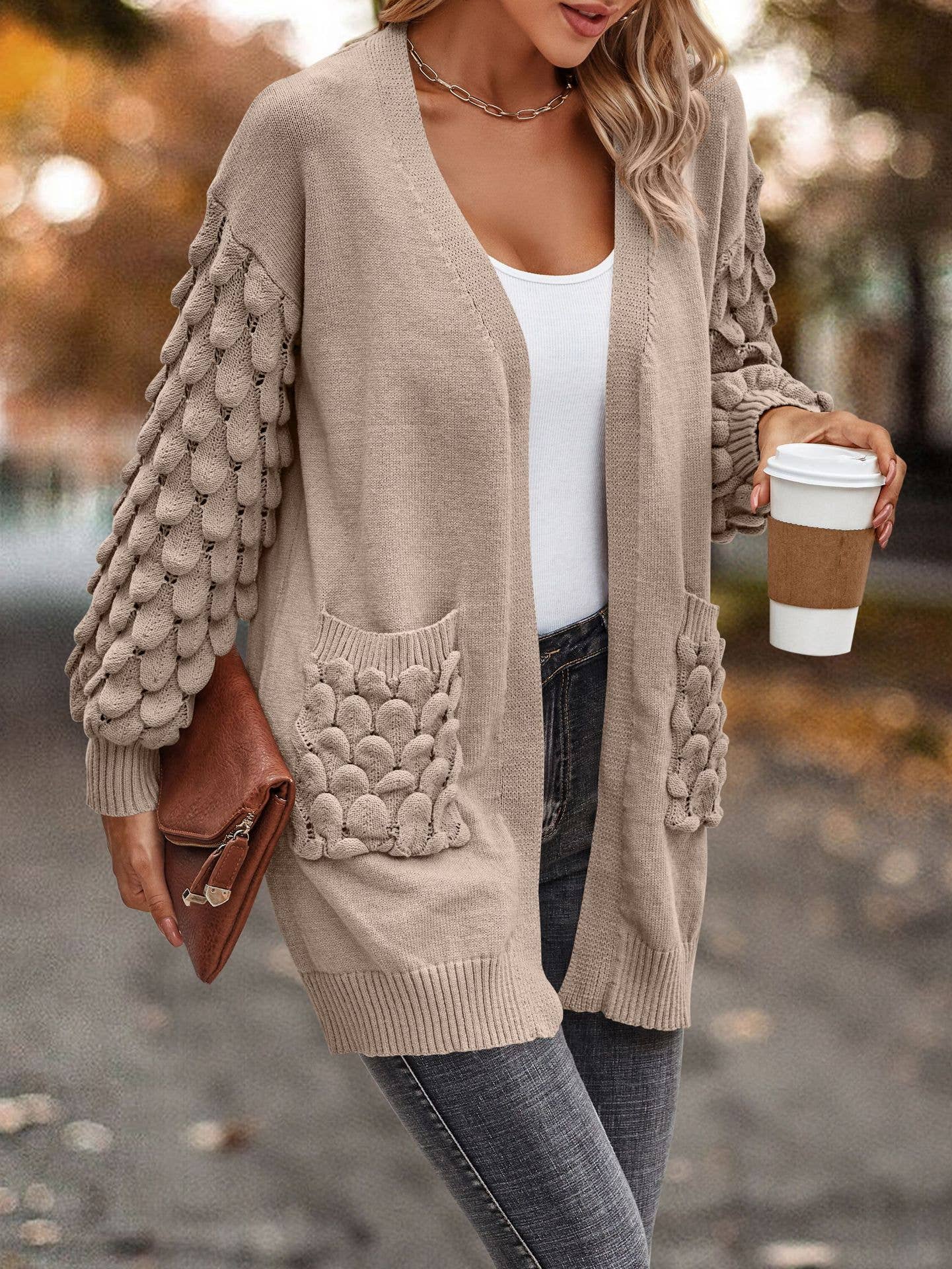 Knit Scalloped Detail Open Cardigan