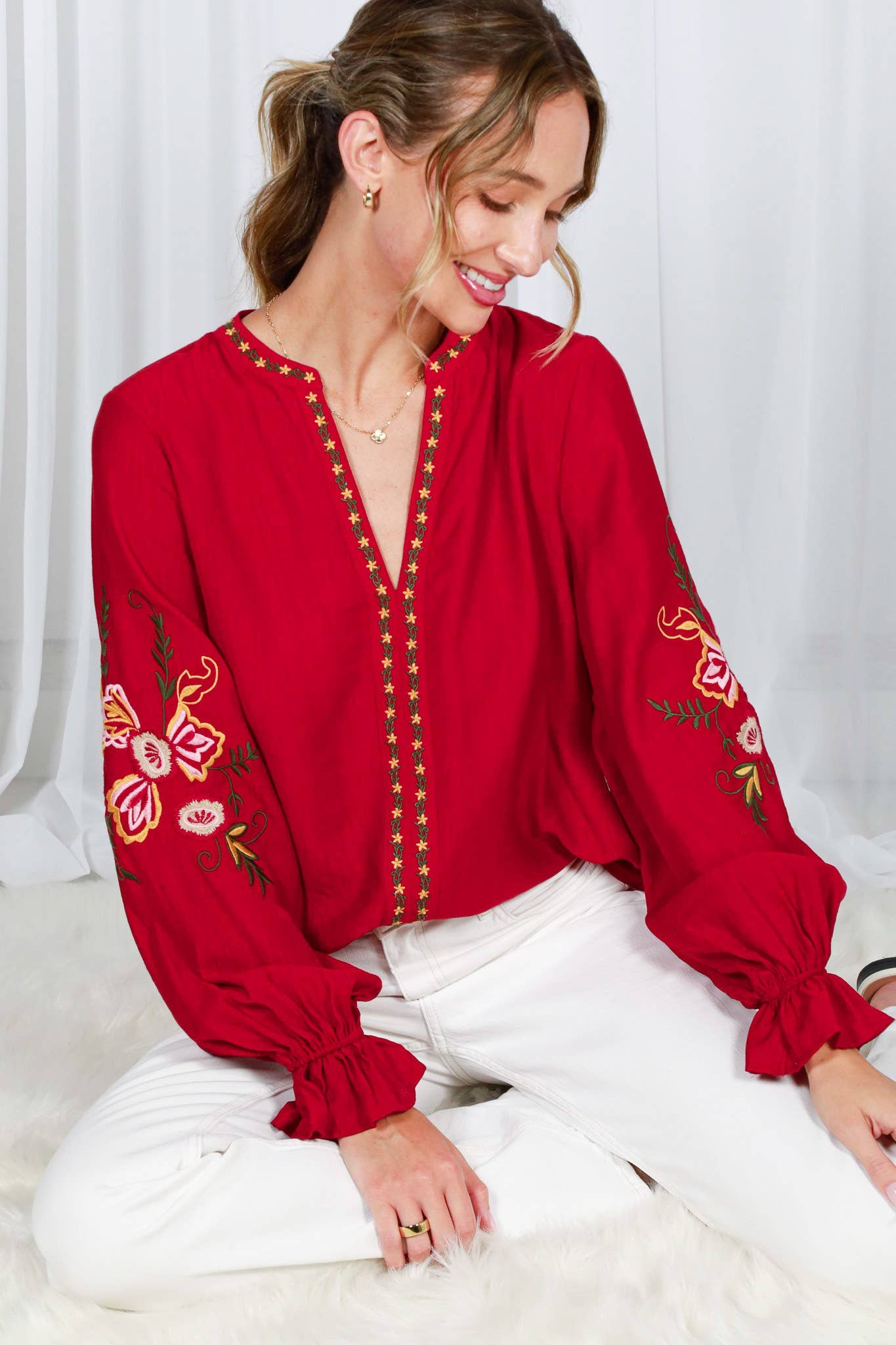 Bohemian Floral Embroidered Round Split Neck Blouse