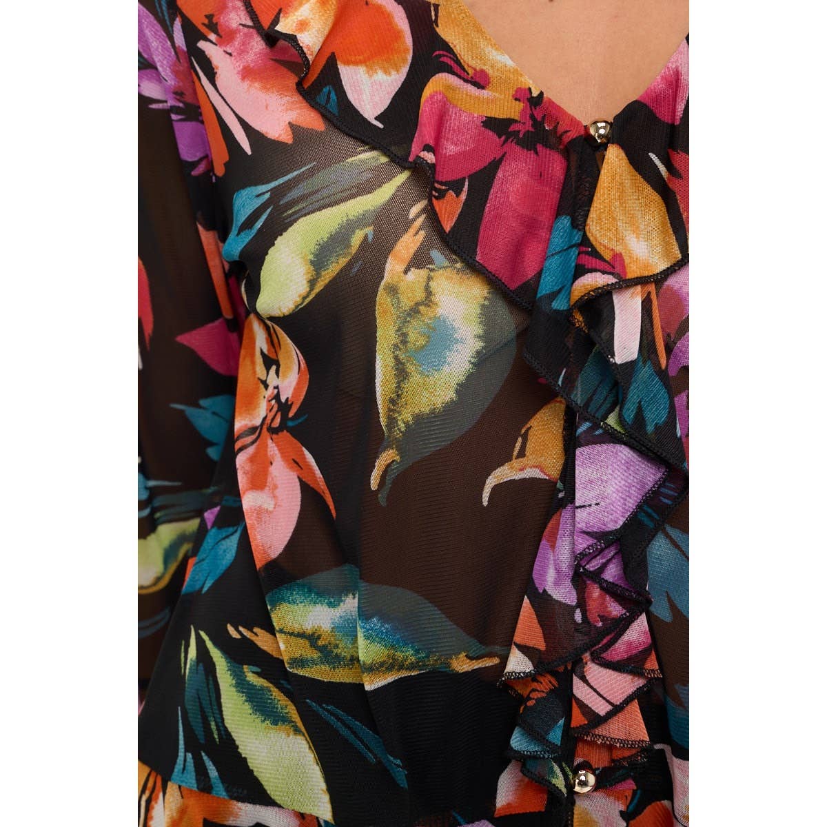 FLORAL BUTTON FRONT RUFFLE DETAIL BELL SHIRT