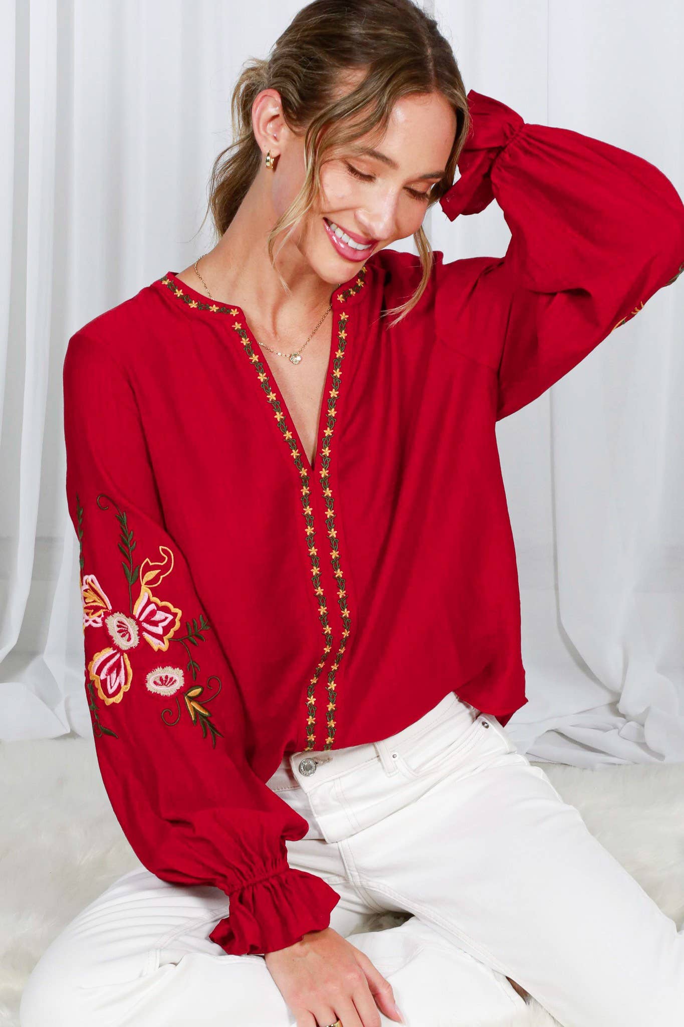 Bohemian Floral Embroidered Round Split Neck Blouse