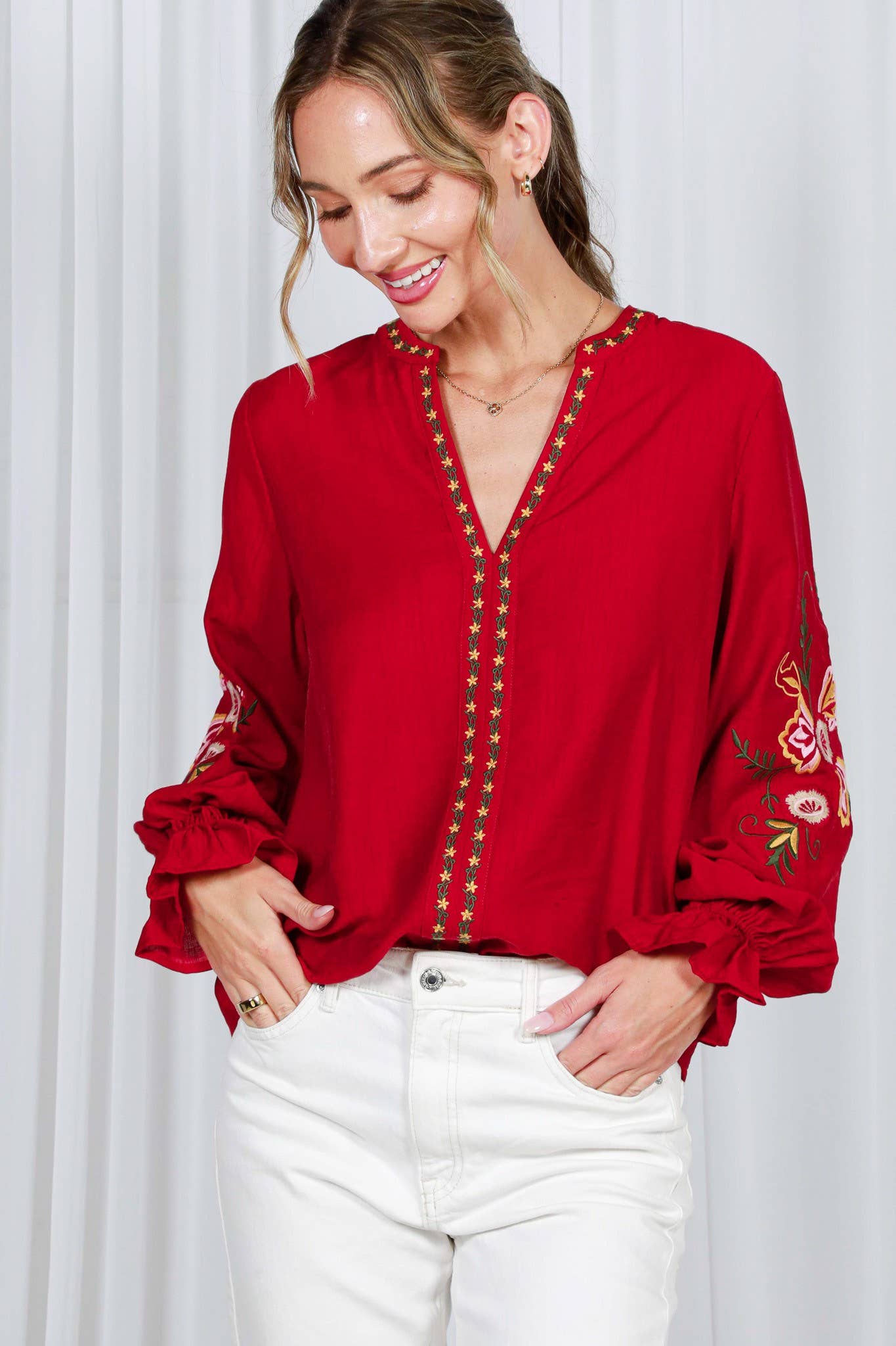 Bohemian Floral Embroidered Round Split Neck Blouse