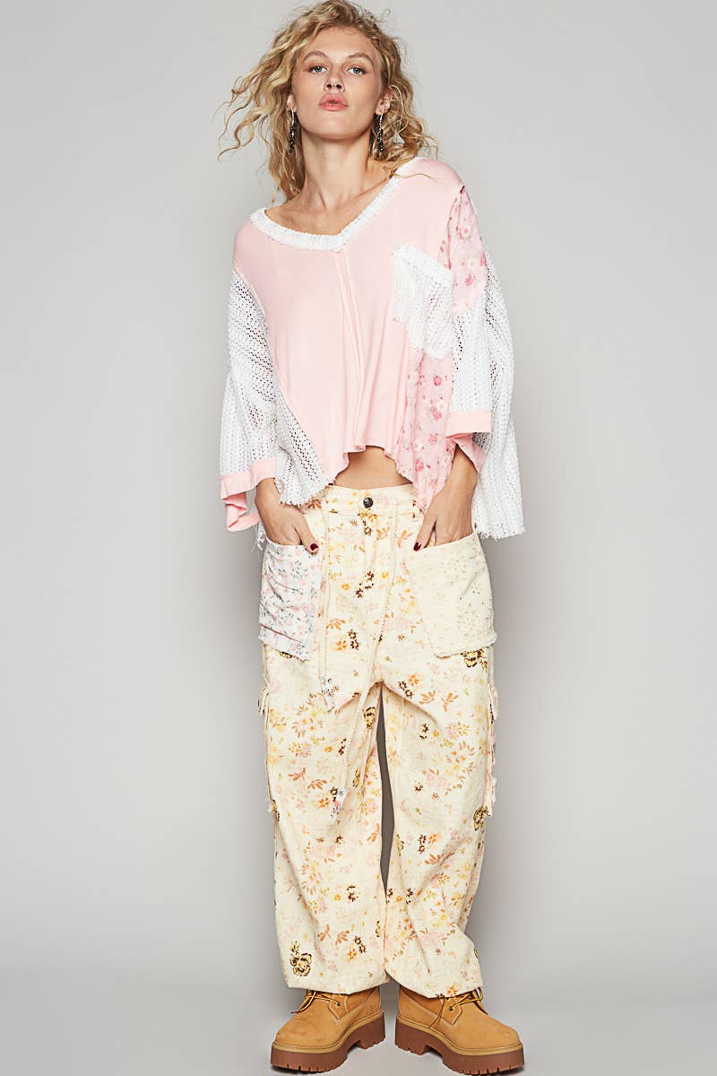 Quarter sleeve floral print crochet knit top