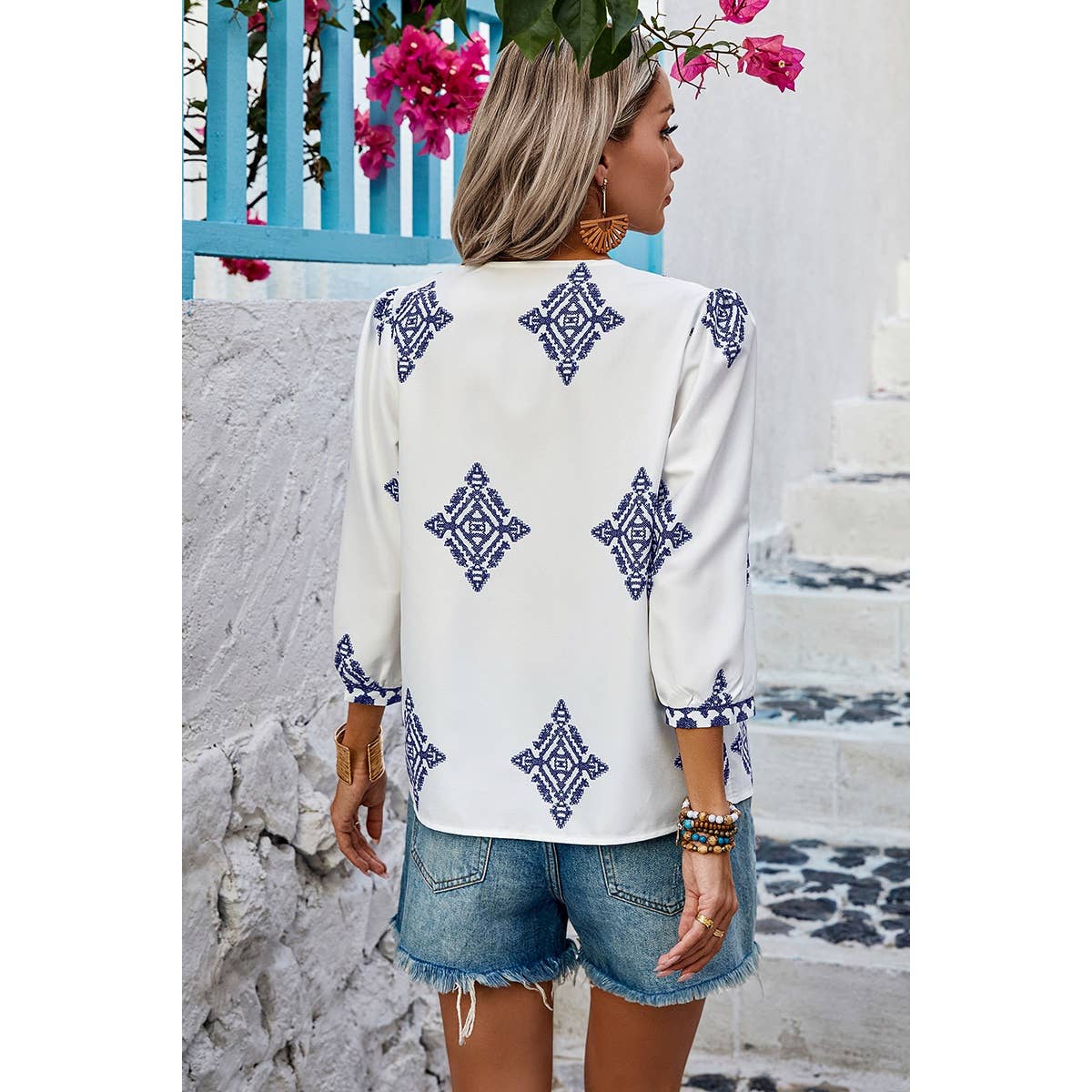 Printed V Neck Loose Puff Sleeves Shirts