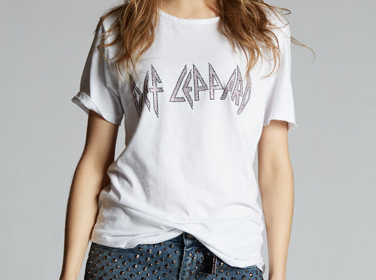 RECYCLED KARMA DEF LEPPARD PINK/BLACK Rhinestones WHITE T SHIRT
