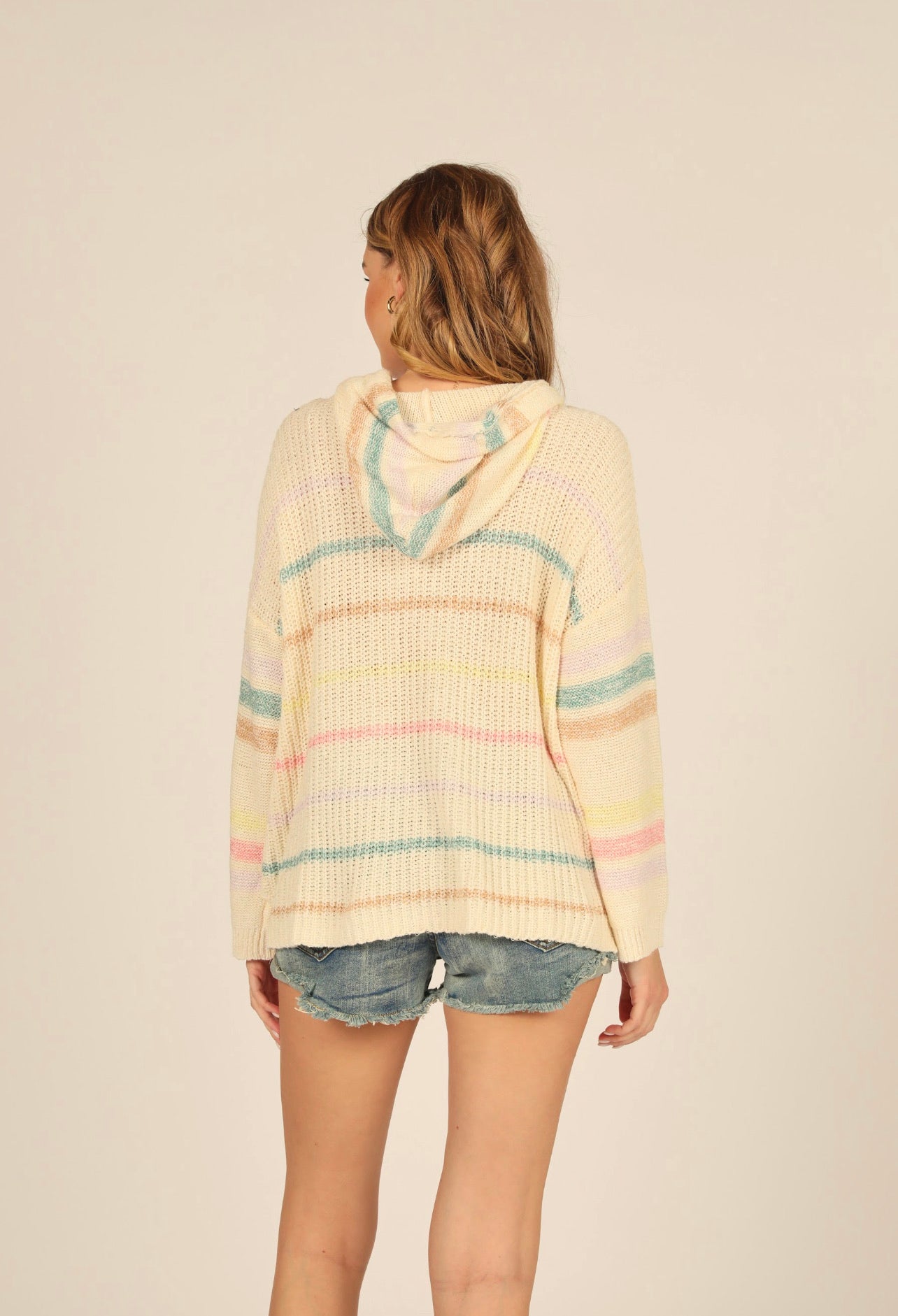 IVORY WITH PASTEL MULTI STRIPE BAJA HOODIE
