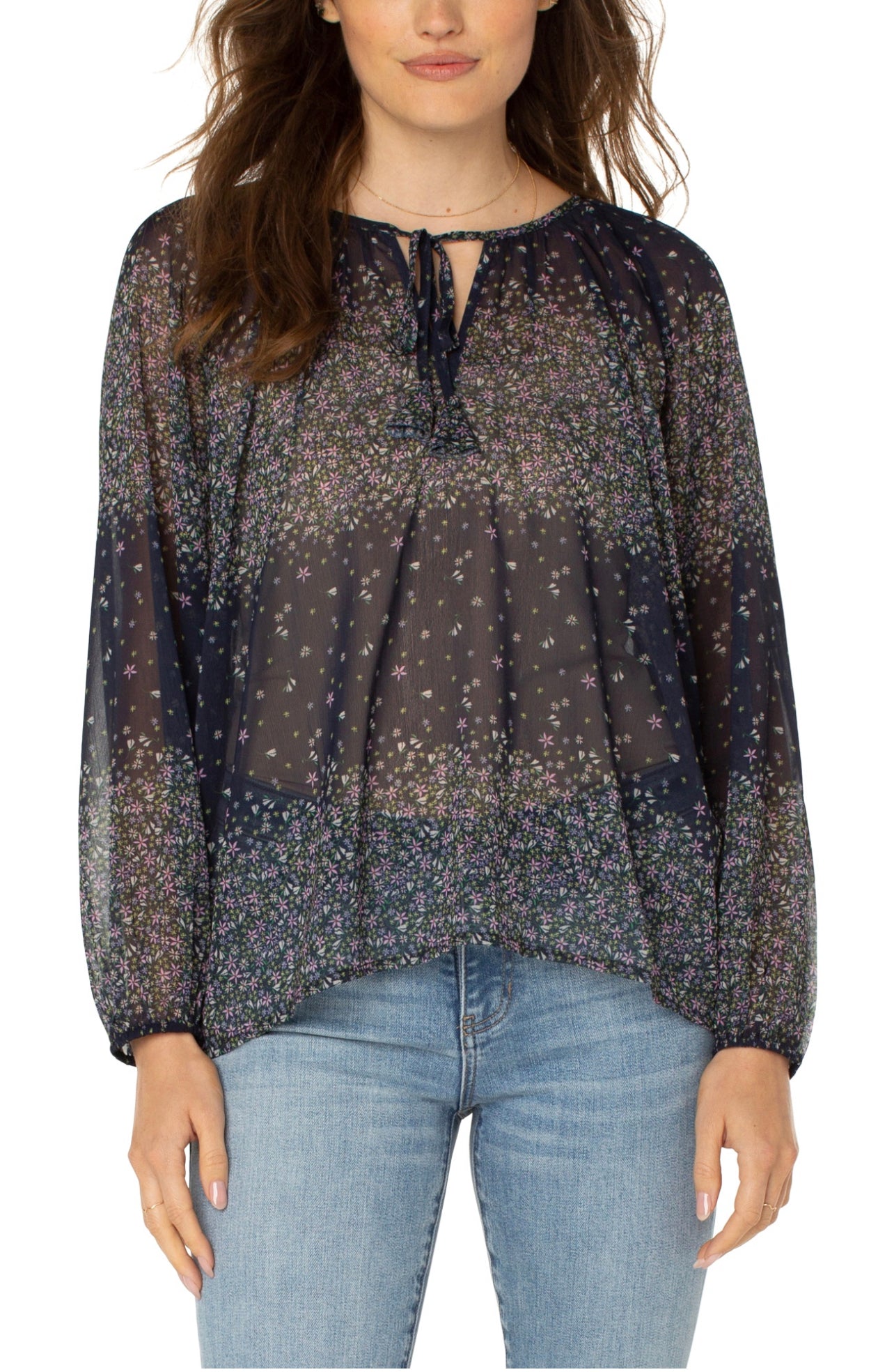 LIVERPOOL SHIRRED BLOUSE W/ NECK TIES