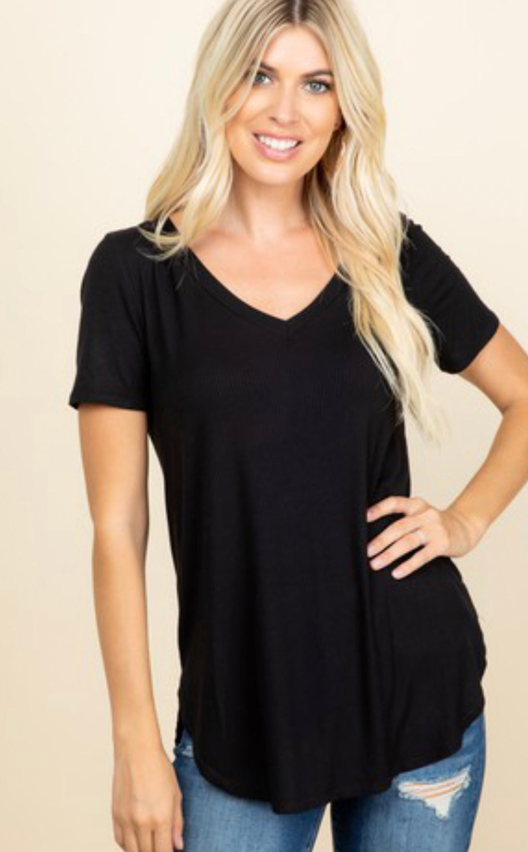 RIBBED V-NECK SHORT SLEEVE TOPS