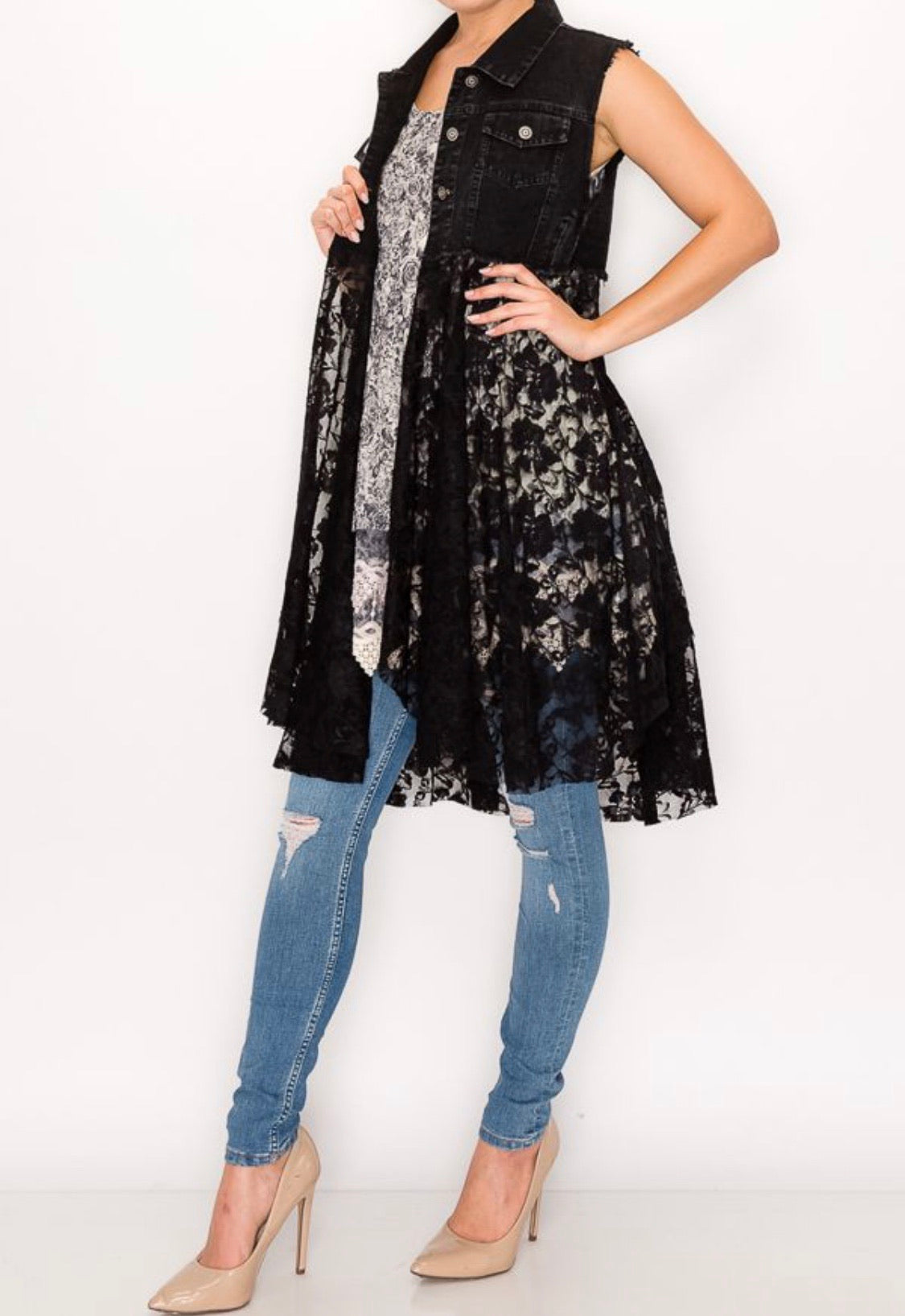 DENIM BLACK BUTTON UP VEST BLK LACE LAYERS
