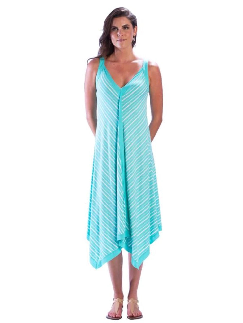 V-NECK V-BACK STRIPED MIDI DRESS