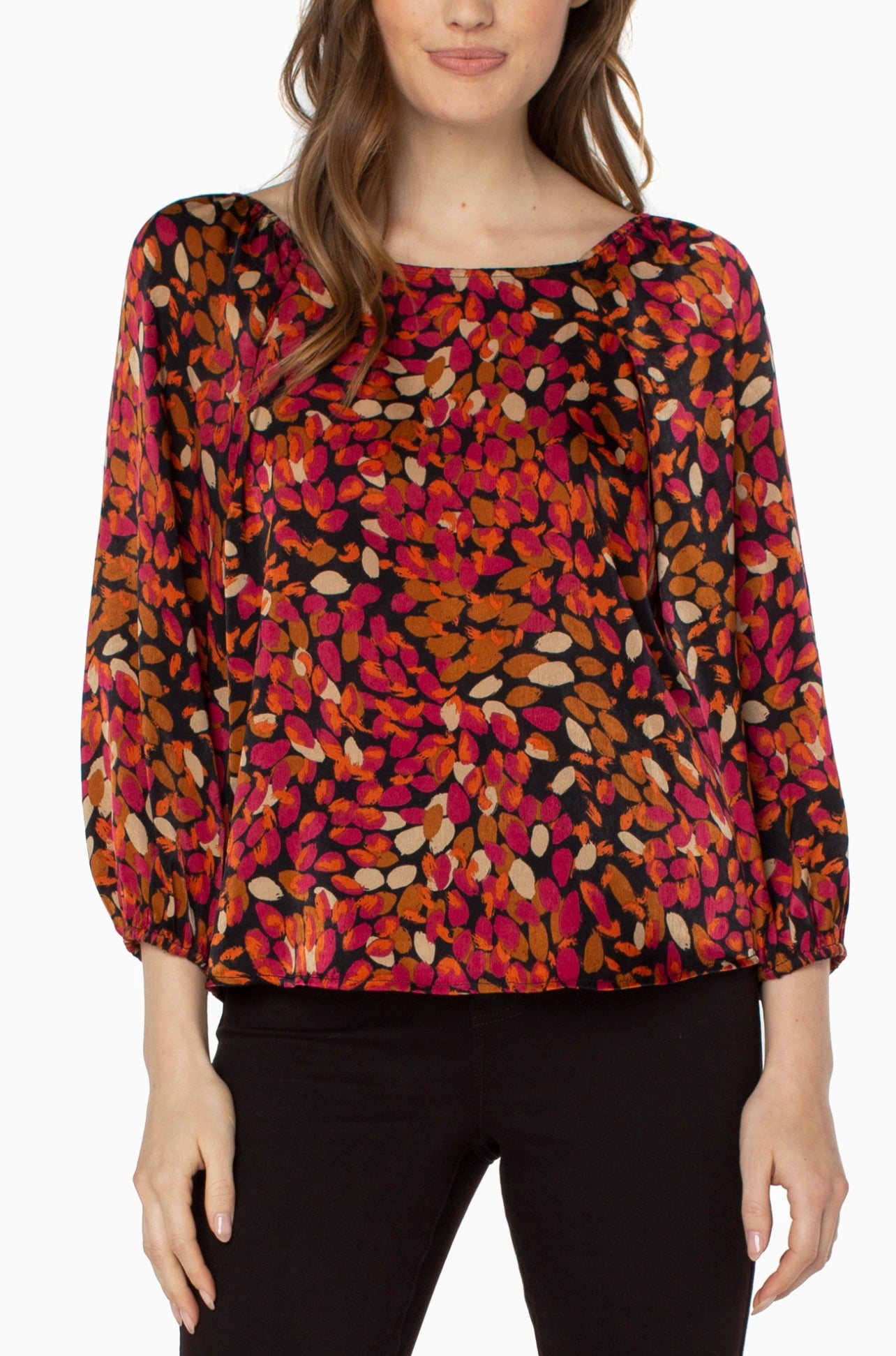 LIVERPOOL 3/4 PUFF SLV SQUARE NECK WOVEN TOP
