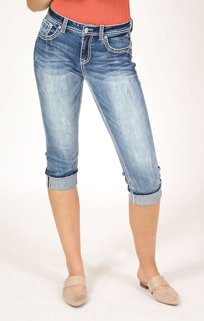 GRACE CAPRI MED WASH WHITE STITCHING