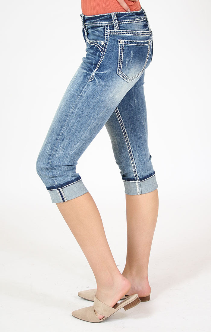 GRACE CAPRI MED WASH WHITE STITCHING