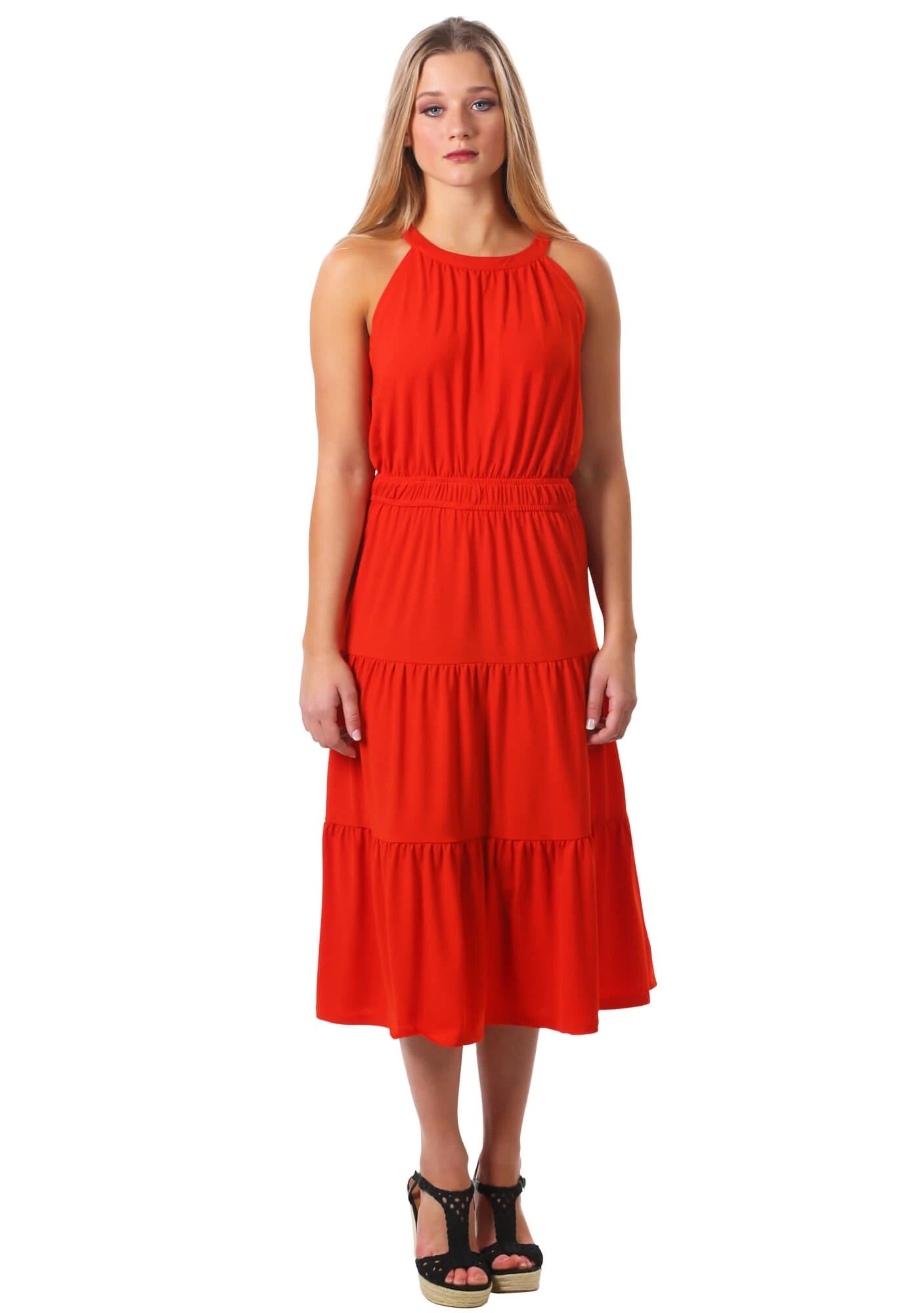 TIERED MIDI DRESS IN BURNT ORANGE