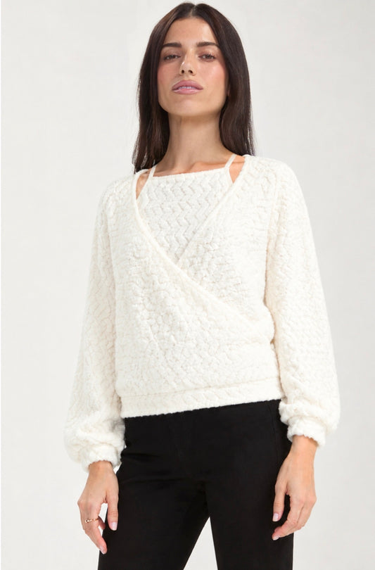 Long sleeve two and one halter neck surplice knit top