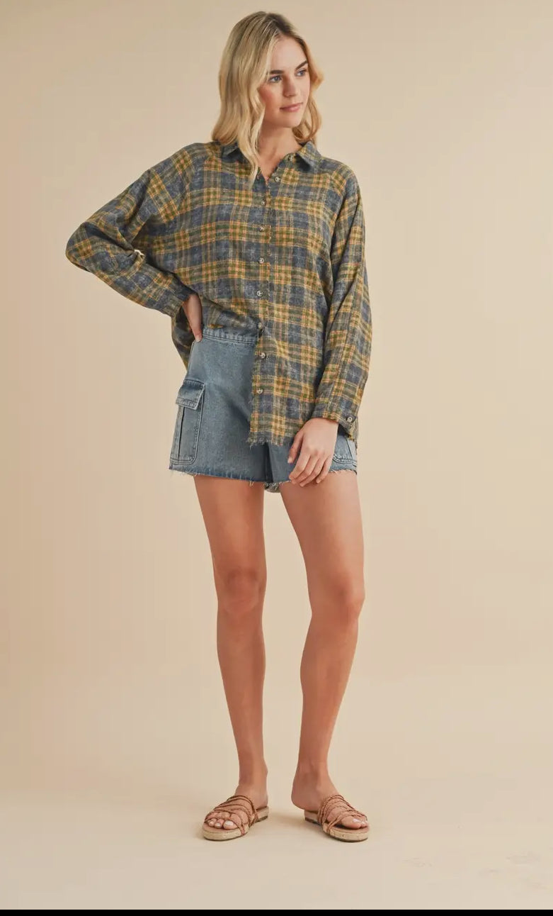 PLAID RAW EDGE FLANNEL SHIRT