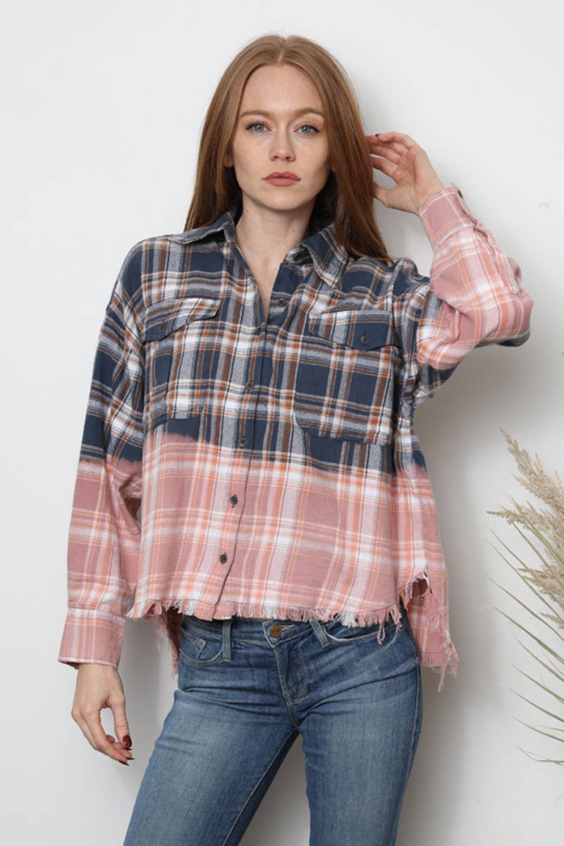 PLAID BLEACH OMBRE DIP DYE BUTTON FRONT SHIRT