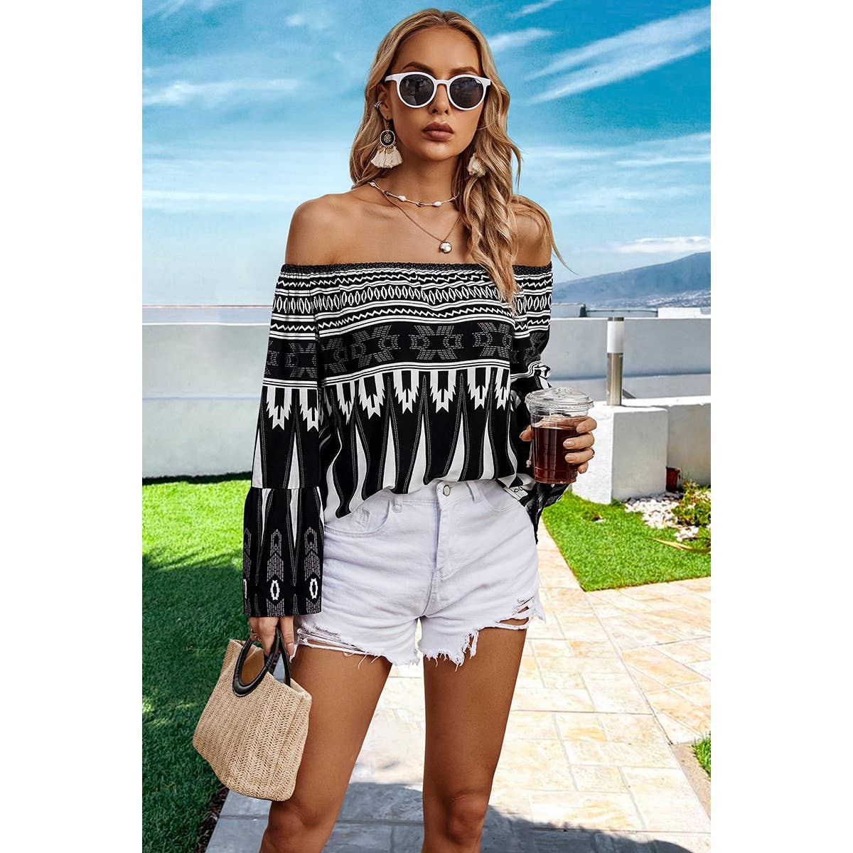 Graphic Print Color Block Butterfly Sleeves Off Shoulder Top
