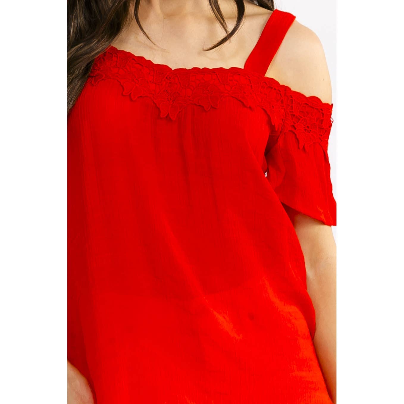 CROCHET TRIM COLD SHOULDER BLOUSE