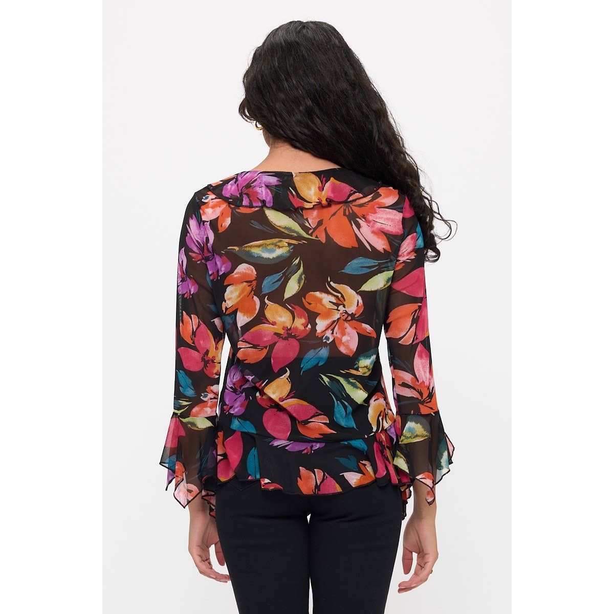FLORAL BUTTON FRONT RUFFLE DETAIL BELL SHIRT