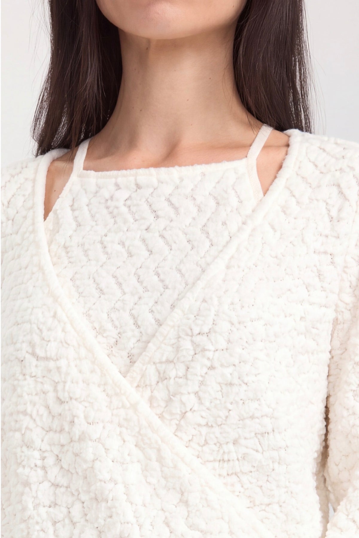 Long sleeve two and one halter neck surplice knit top