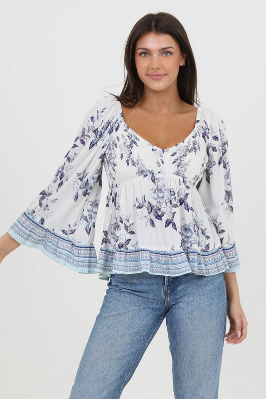 LONG FLARE SLV TOP WITH SMOCKED BODICE