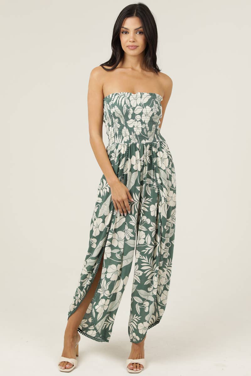 SMOCKED BODICE WRAP LEG JUMPSUIT