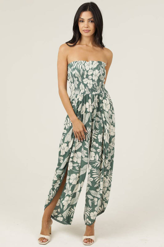 SMOCKED BODICE WRAP LEG JUMPSUIT