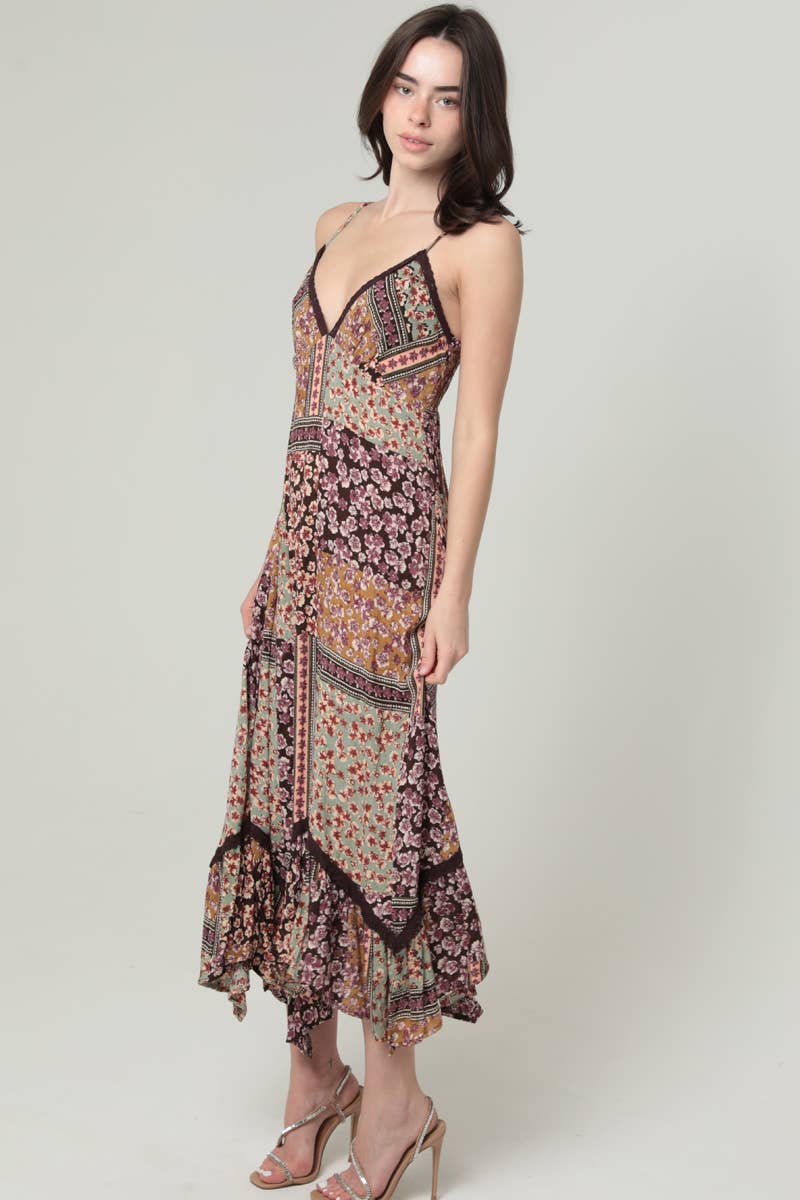 V NECK LACE TRIM MAXI DRESS