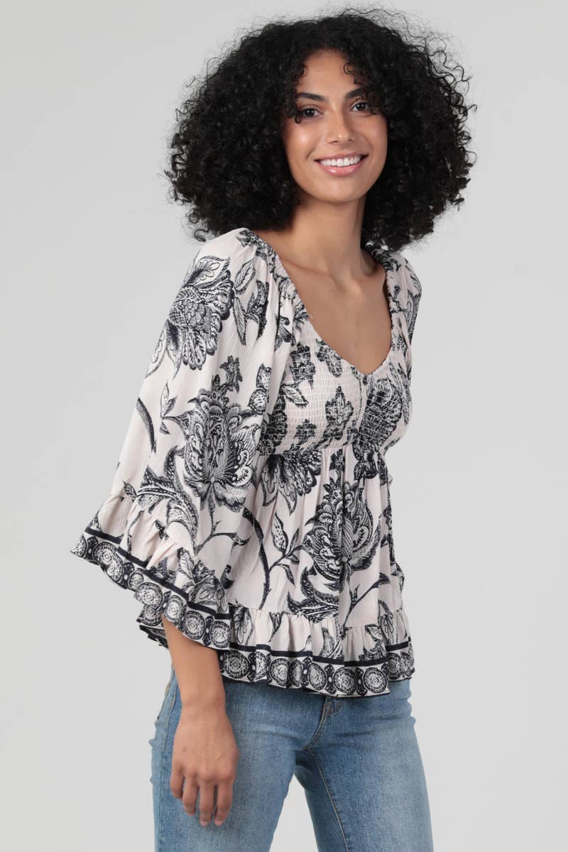 V NECK SMOCKED BUST FLARE BELL SLEEVE TOP