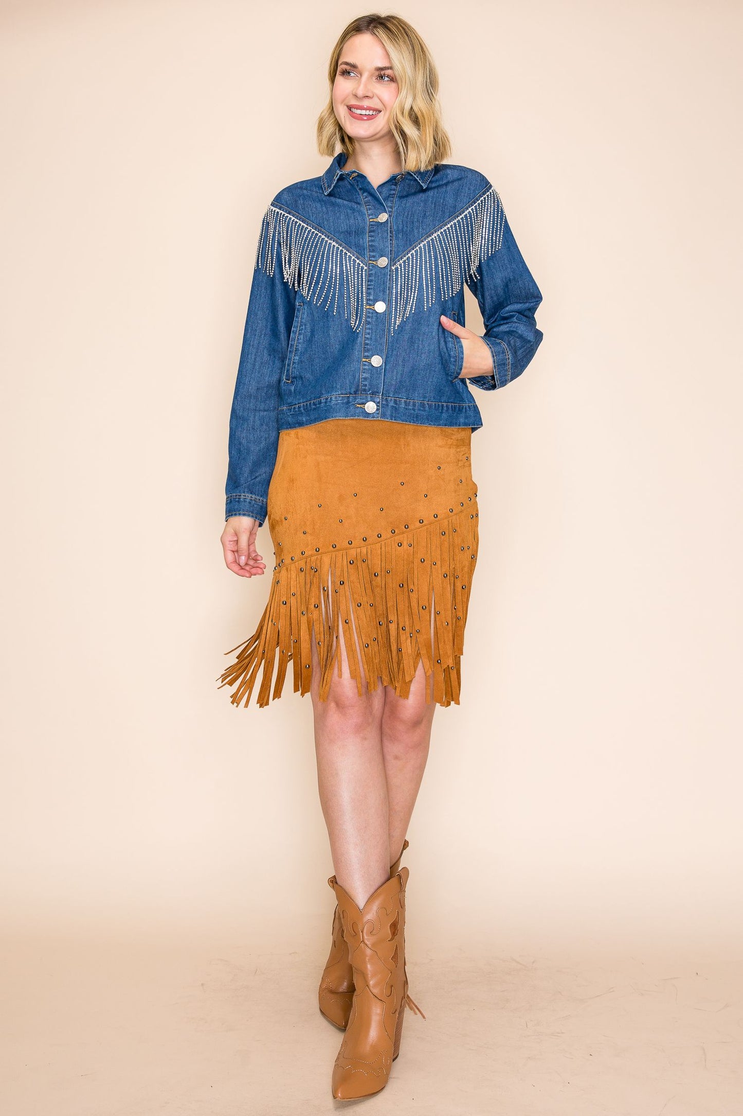 Denim jacket with silver fringe and button details