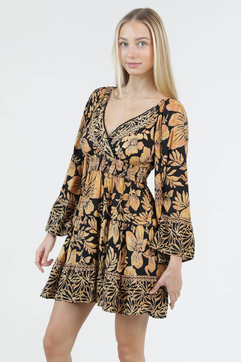 V NECK WIDE BELL SLEEVE PRINTED SHORT DRESS