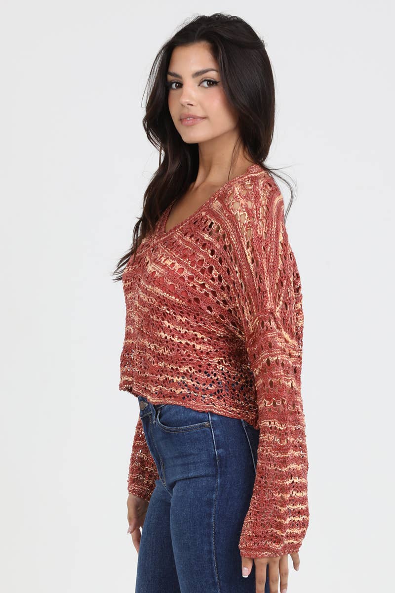 OPEN KNIT V NECK PULLOVER SWEATER