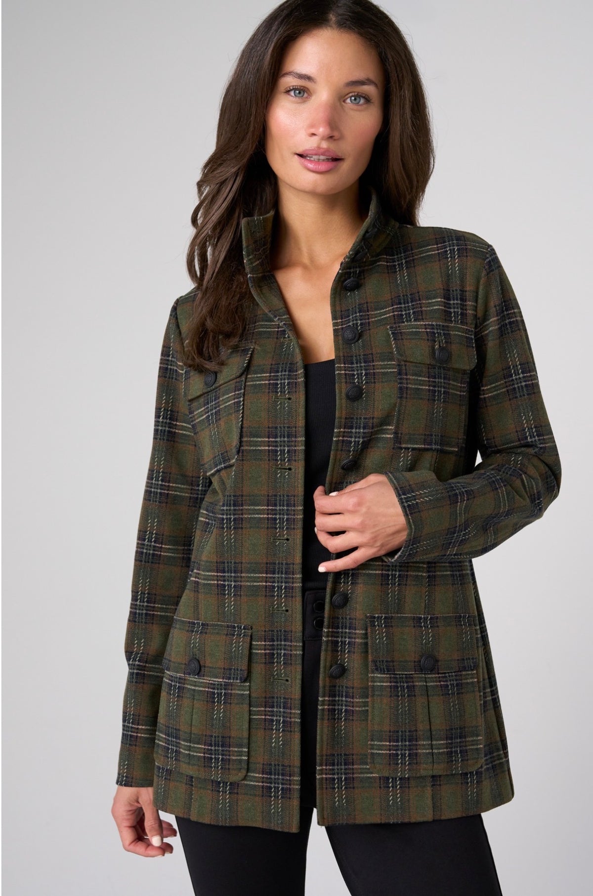 Funnel neck field jacket plaid