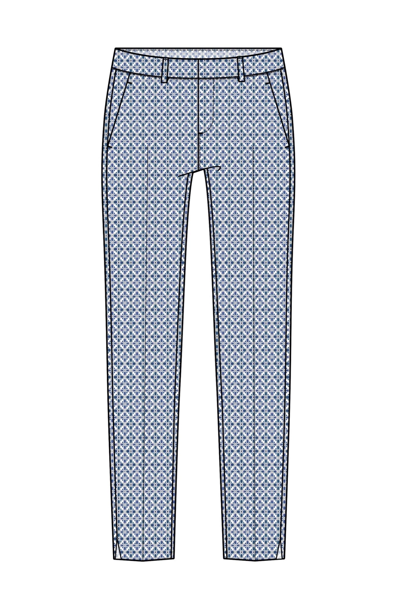 Kelsey trouser with slit 26 inch inseam blue white tile pattern