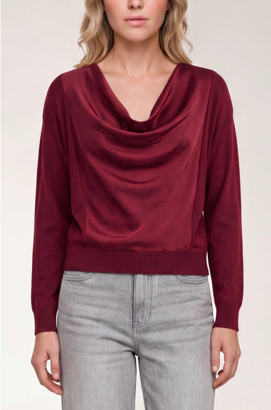 Long sleeve drape necks woven sweater in cranberry