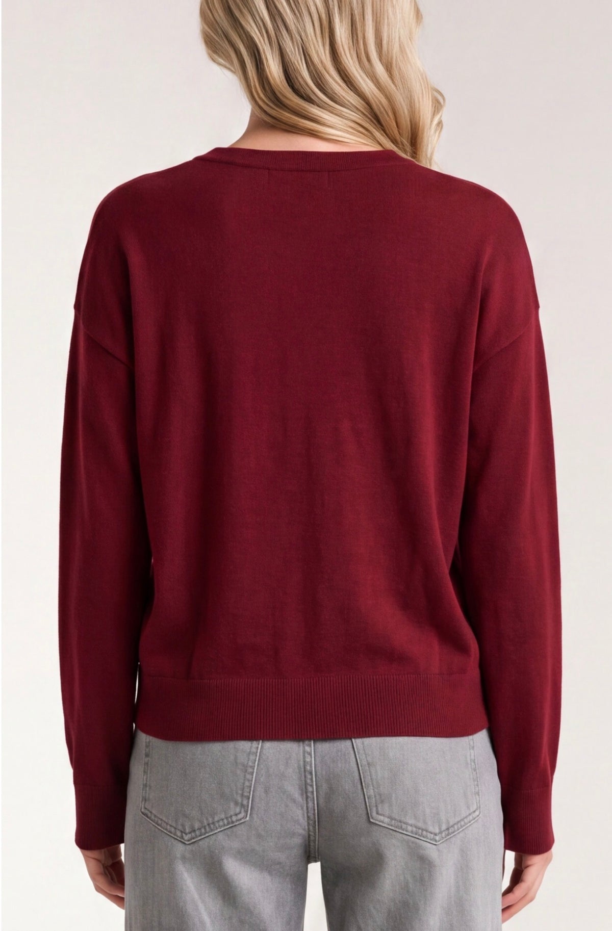 Long sleeve drape necks woven sweater in cranberry