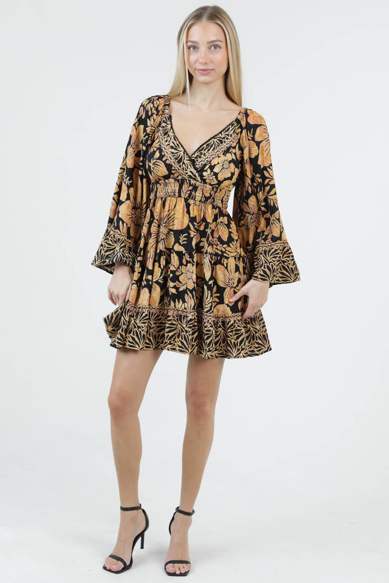 V NECK WIDE BELL SLEEVE PRINTED SHORT DRESS