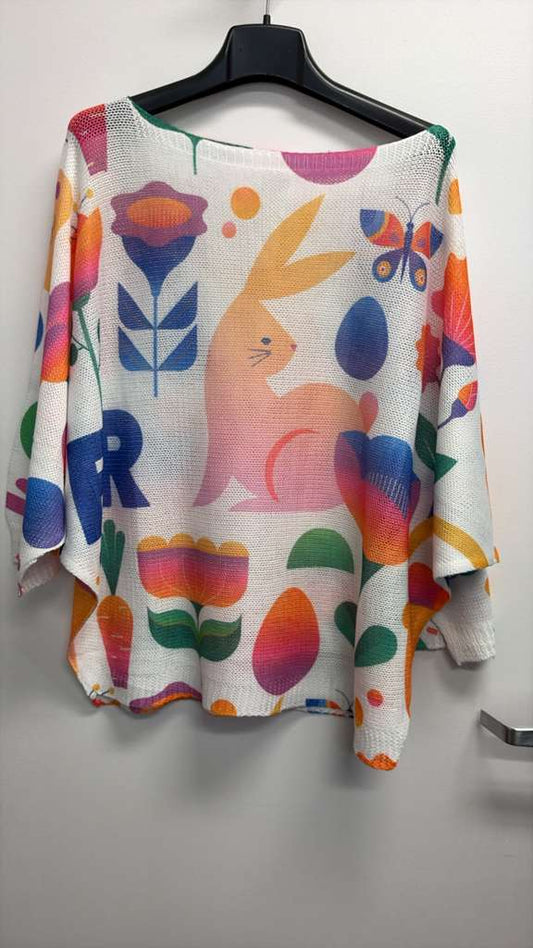 VISEABF Italian OS Easter Bunny & Floral Print Knit Sweater