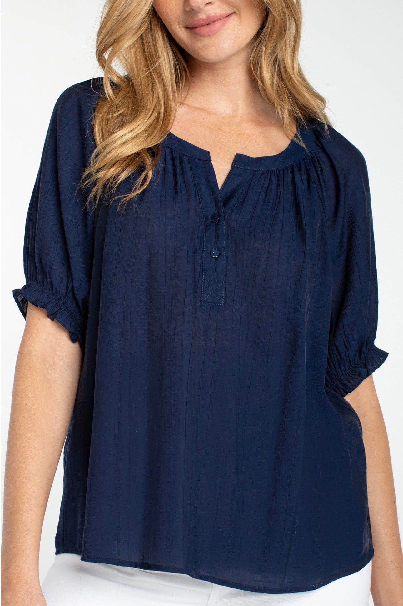 Short sleeve, half placket woven blouse